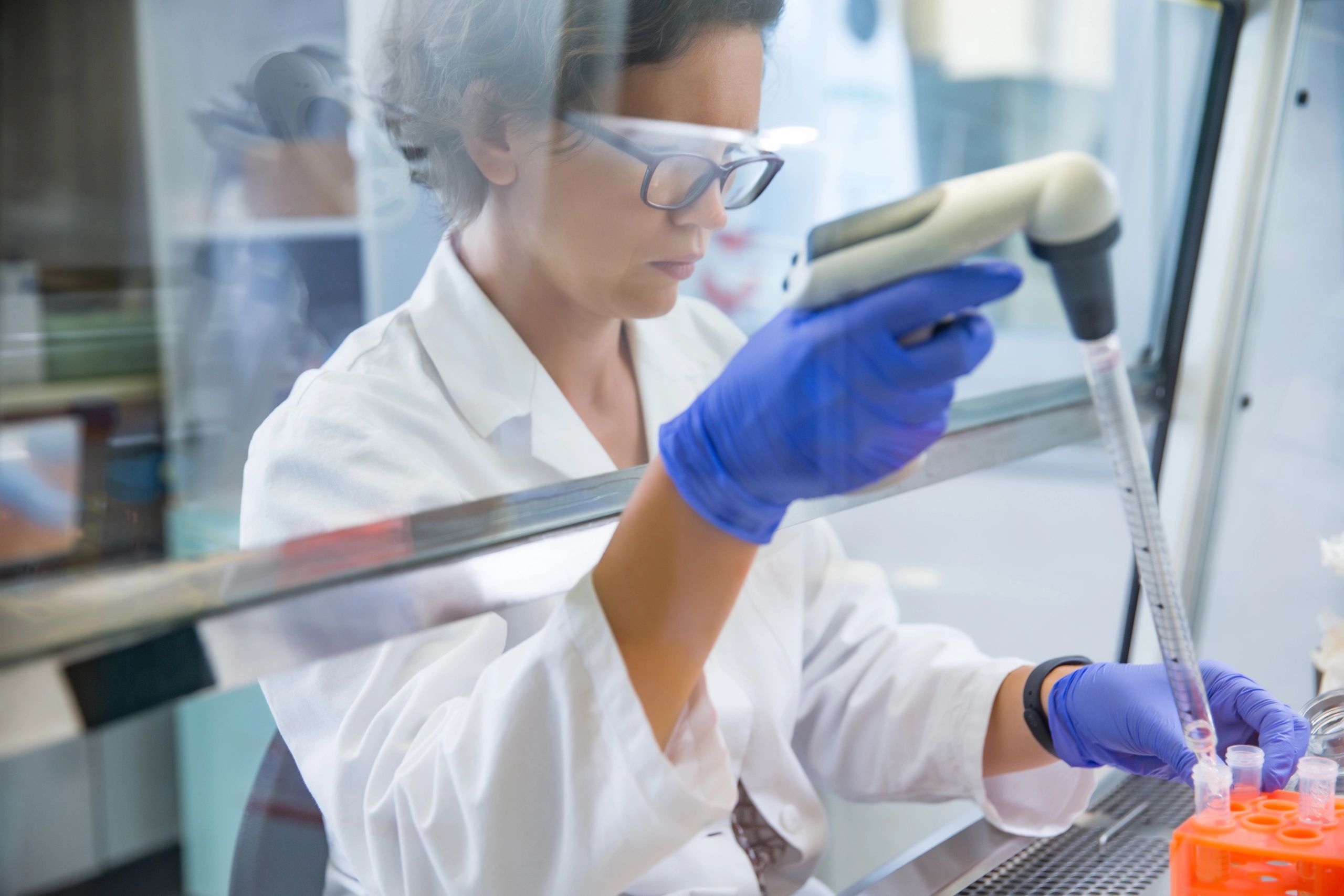 Researcher preparing tissue culture in a laboratory.